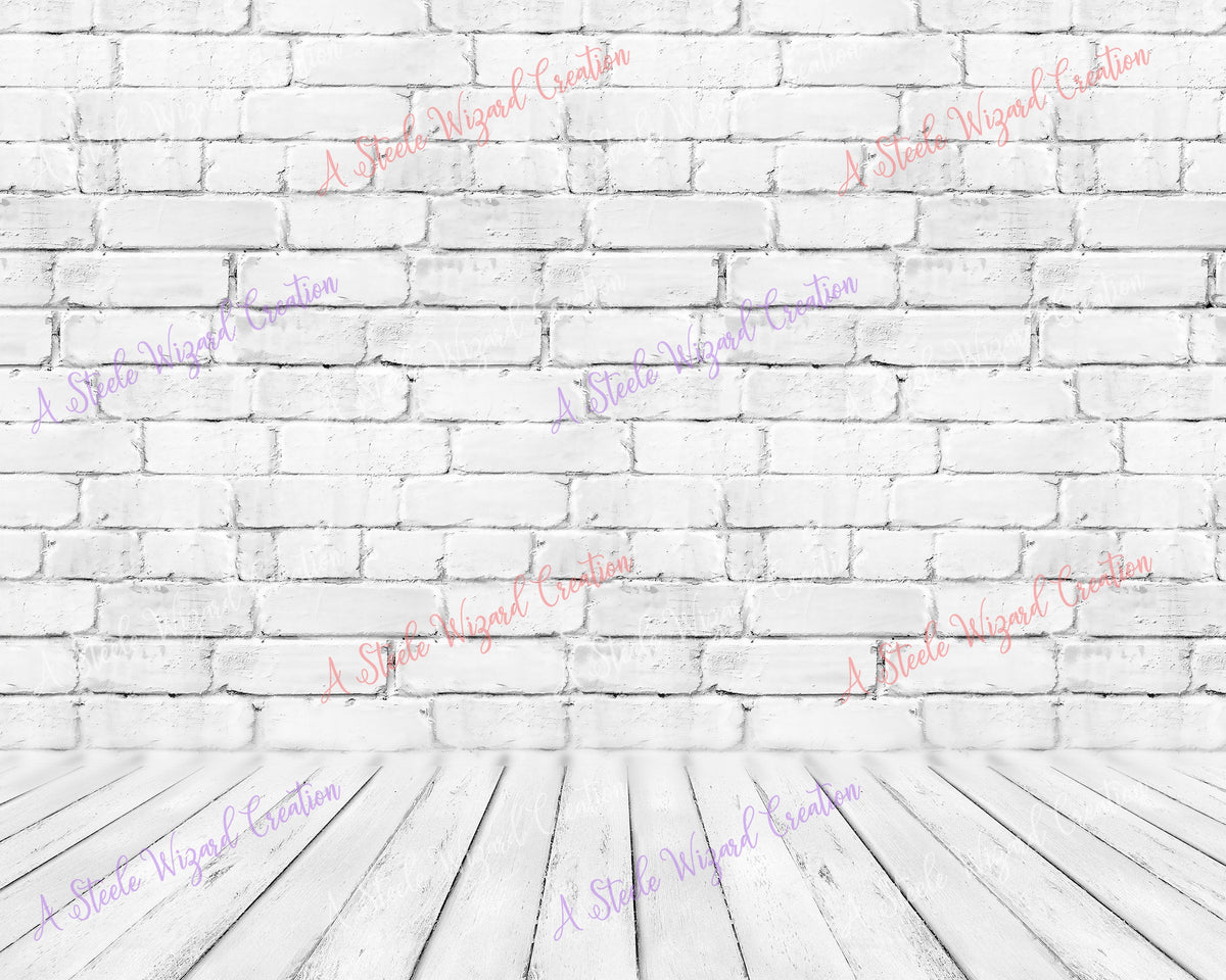 White Digital Backdrop, Wood Mockup Background, Brick Wall Wood Floor