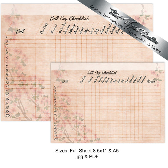 Bill Payment Checklist Monthly Bill Tracker in Vintage style Cherry Blossom